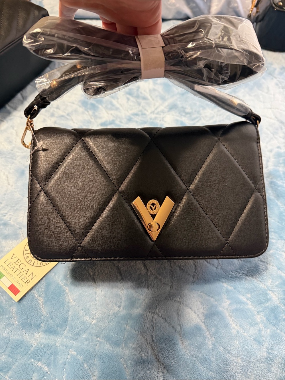 Valentino Orlandi Black Quilted Crossbody Bag with Gold V Accent